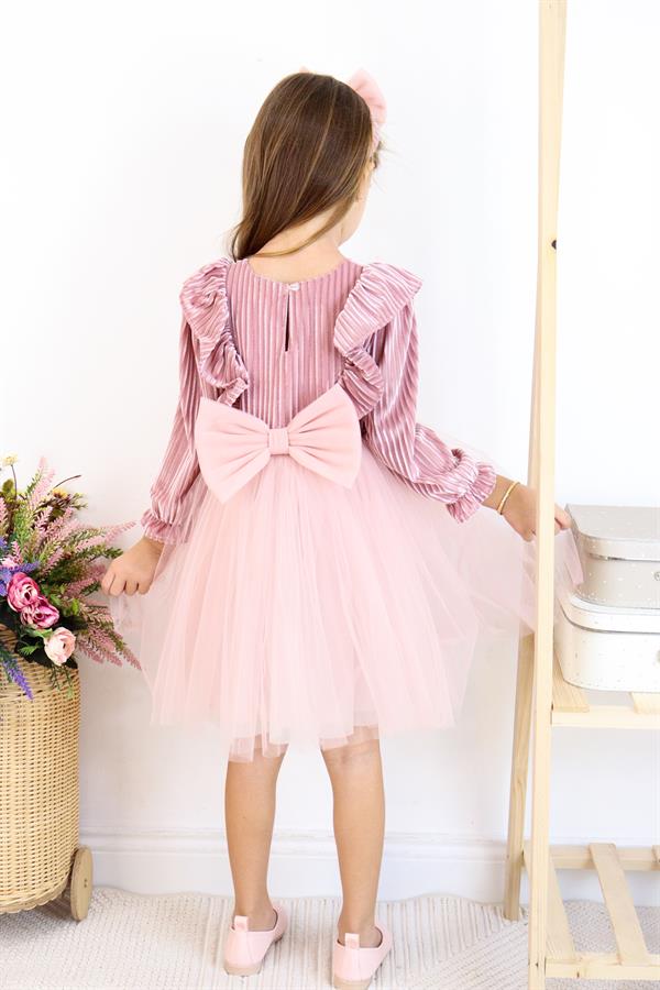 Kadife Kabarık Etekli Kız Çocuk Elbise Pembe