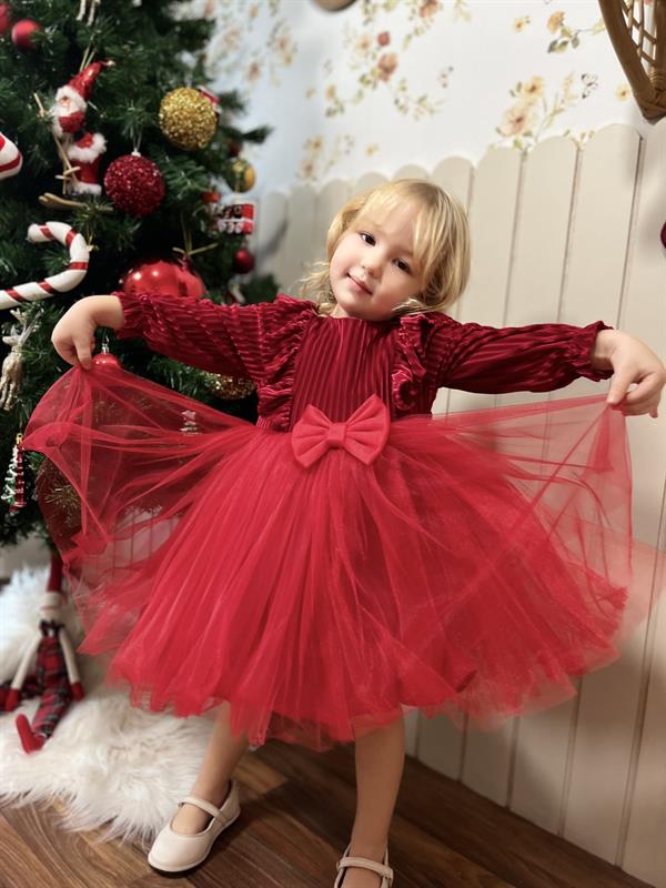 Kadife Kabarık Etekli Kız Çocuk Elbise Kırmızı