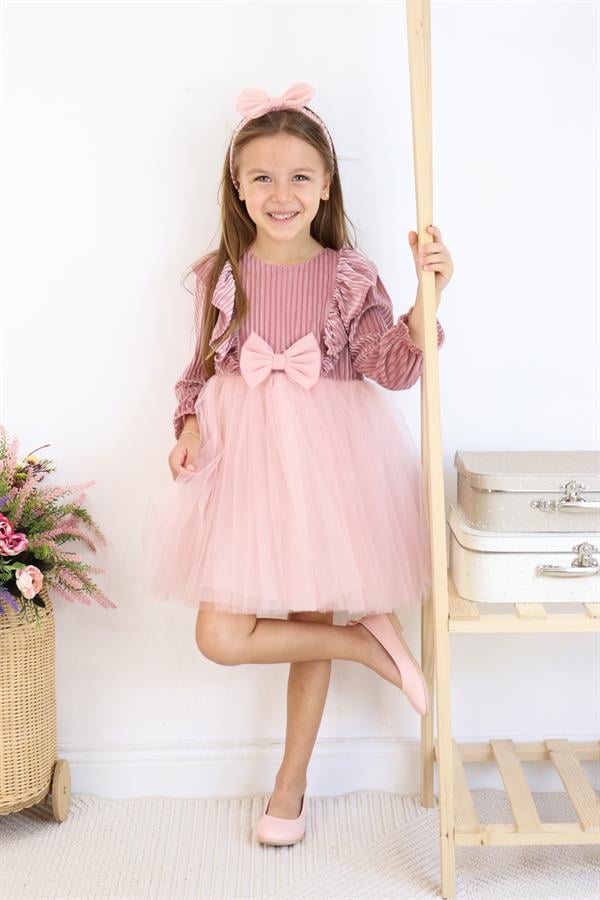 Kadife Kabarık Etekli Kız Çocuk Elbise Pembe