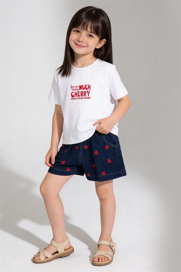 Kalp Nakışlı Şort Tshirt Takım Kırmızı