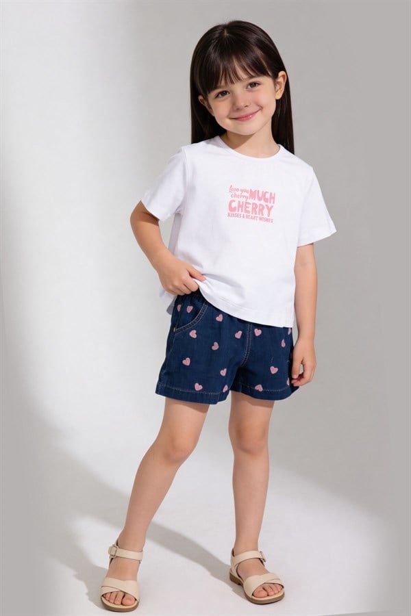 Kalp Nakışlı Şort Tshirt Takım Pembe