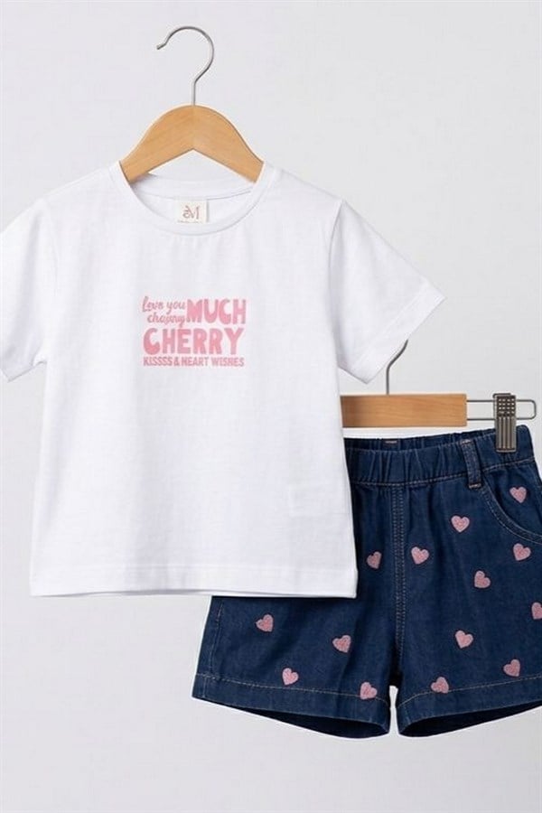 Kalp Nakışlı Şort Tshirt Takım Pembe