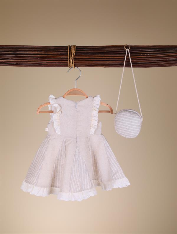 Kelebek Nakışlı Keten Kız Bebek Elbise Çantalı Bej