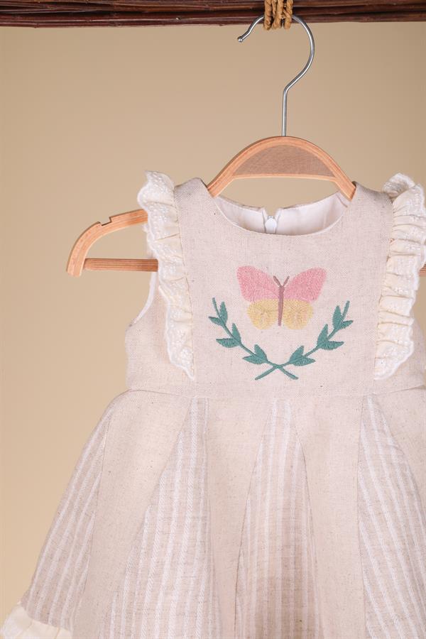 Kelebek Nakışlı Keten Kız Bebek Elbise Çantalı Bej