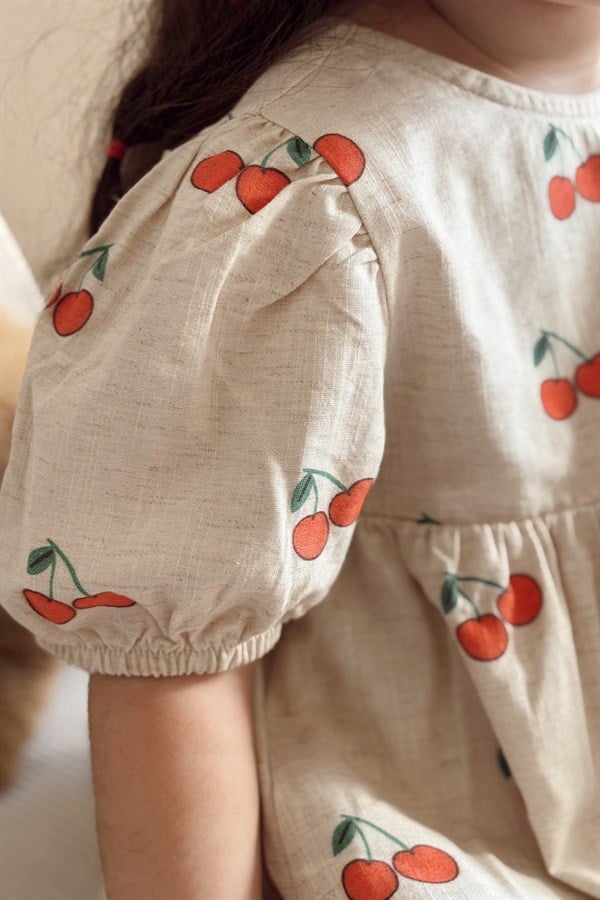 Kiraz Desen Arkadan Bağlamalı Kız Çocuk Elbise Bej