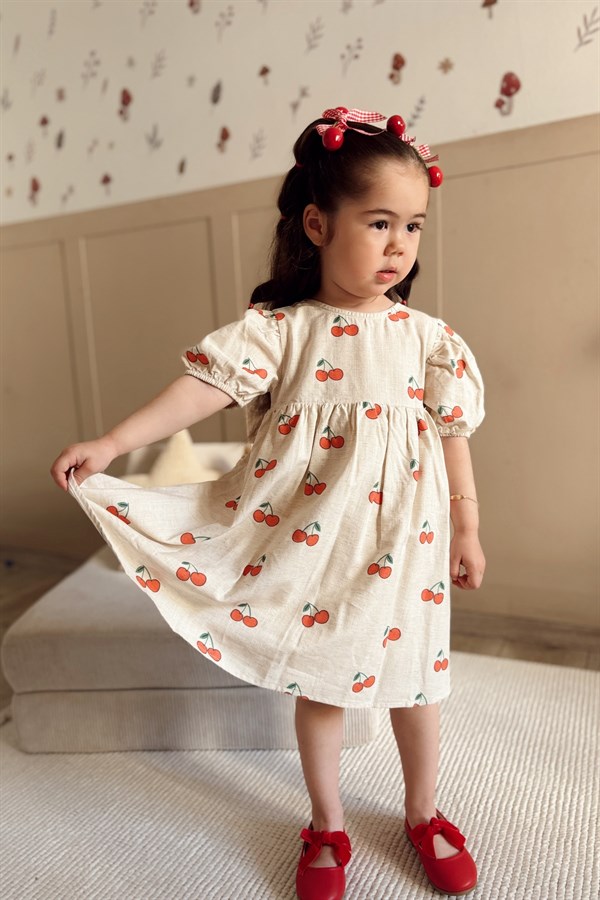Kiraz Desen Arkadan Bağlamalı Kız Çocuk Elbise Bej
