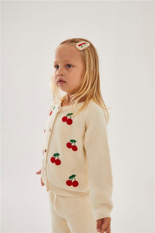 Kiraz İşlemeli Düğmeli Triko Takım Ekru