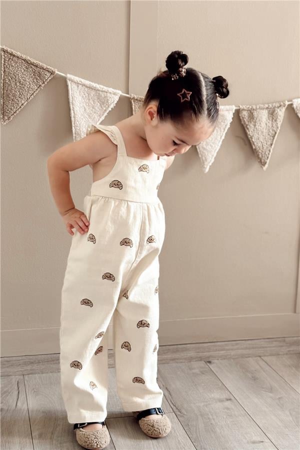 Kruvasan Nakışlı Kız Çocuk Tulum Bej