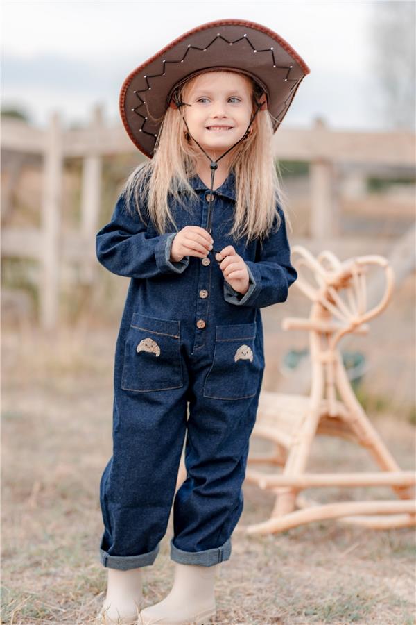 Kruvasan Nakışlı Kot Tulum Unisex Lacivert