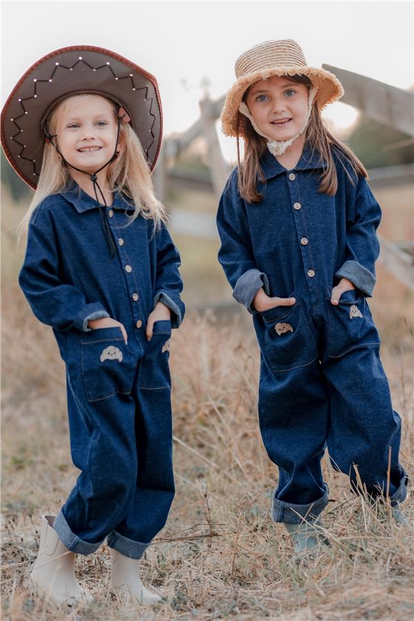 Kruvasan Nakışlı Kot Tulum Unisex Lacivert