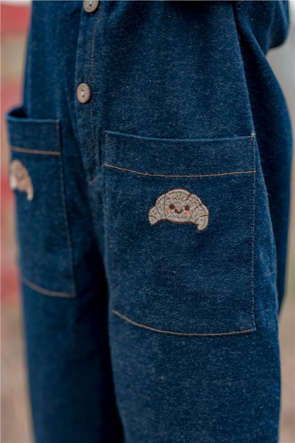 Kruvasan Nakışlı Kot Tulum Unisex Lacivert