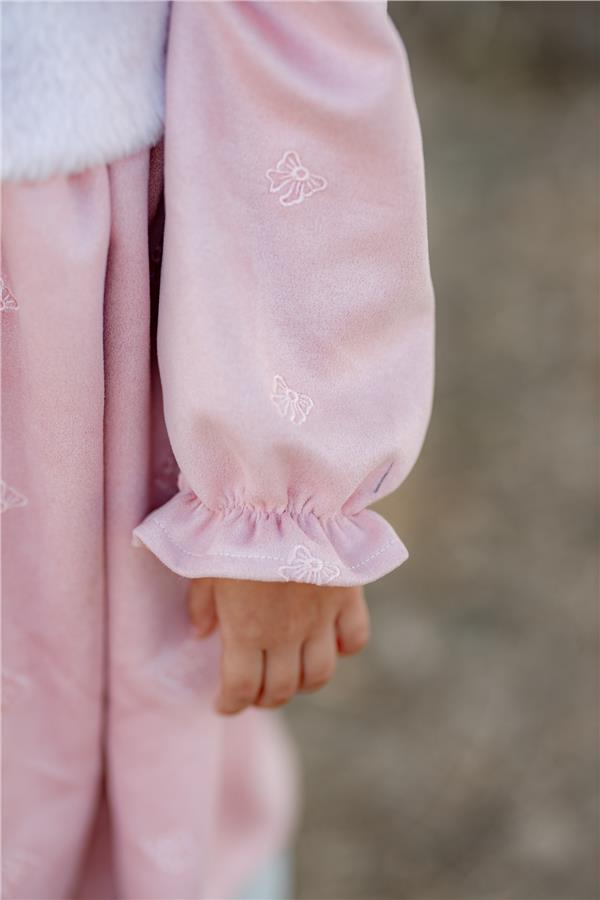 Kürklü Nubuk Kumaş Fiyonk Nakışlı Elbise Pembe