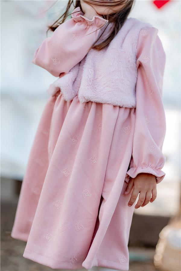 Kürklü Nubuk Kumaş Fiyonk Nakışlı Elbise Pembe