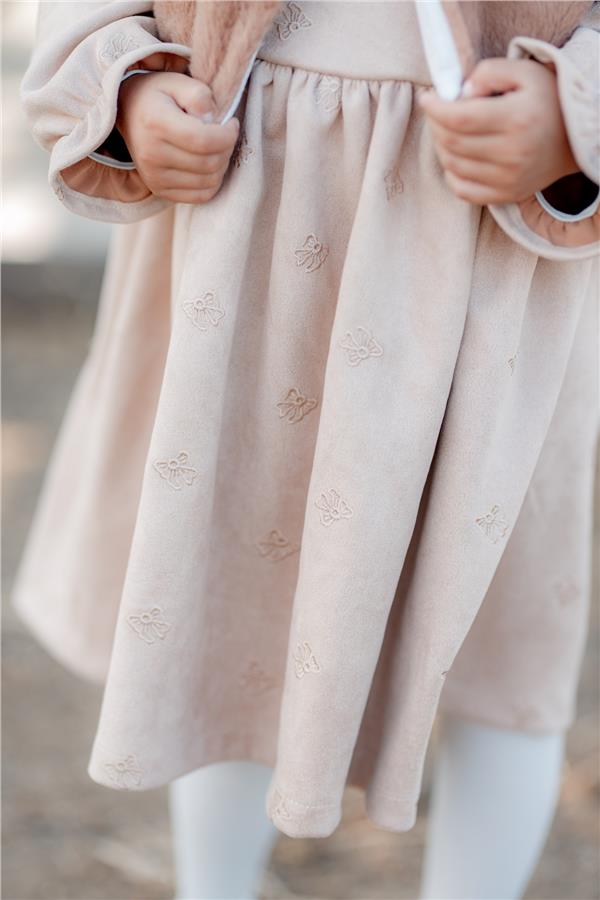 Kürklü Nubuk Kumaş Fiyonk Nakışlı Elbise Kahverengi