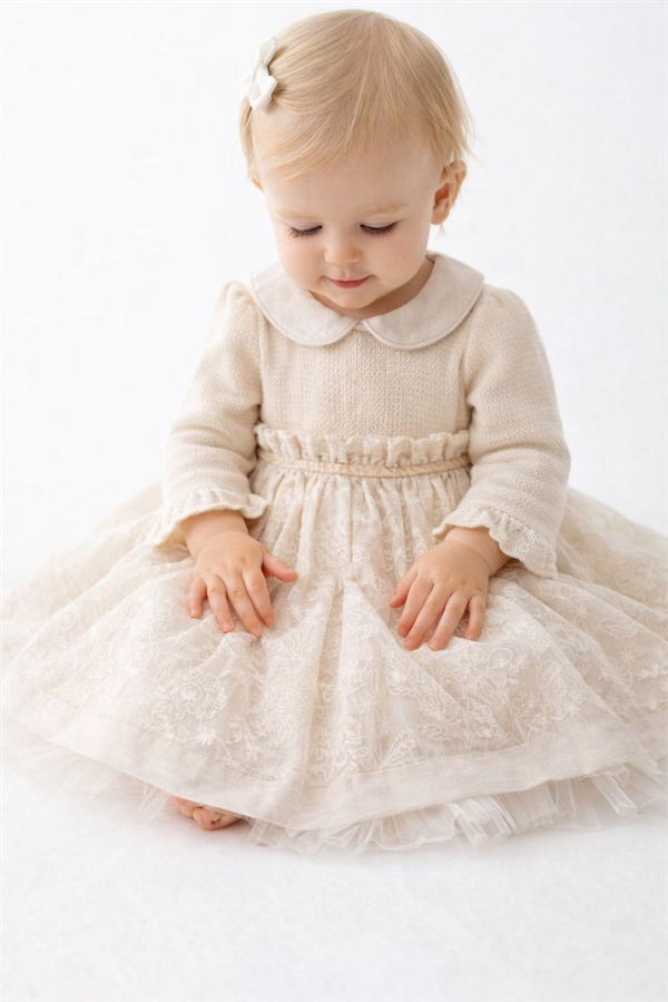 Nakışlı Kız Çocuk Elbise Krem
