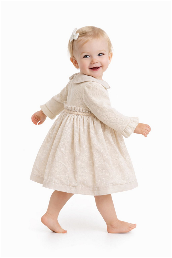 Nakışlı Kız Çocuk Elbise Krem