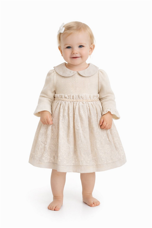 Nakışlı Kız Çocuk Elbise Krem