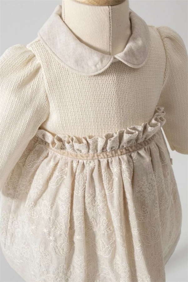 Nakışlı Kız Çocuk Elbise Krem