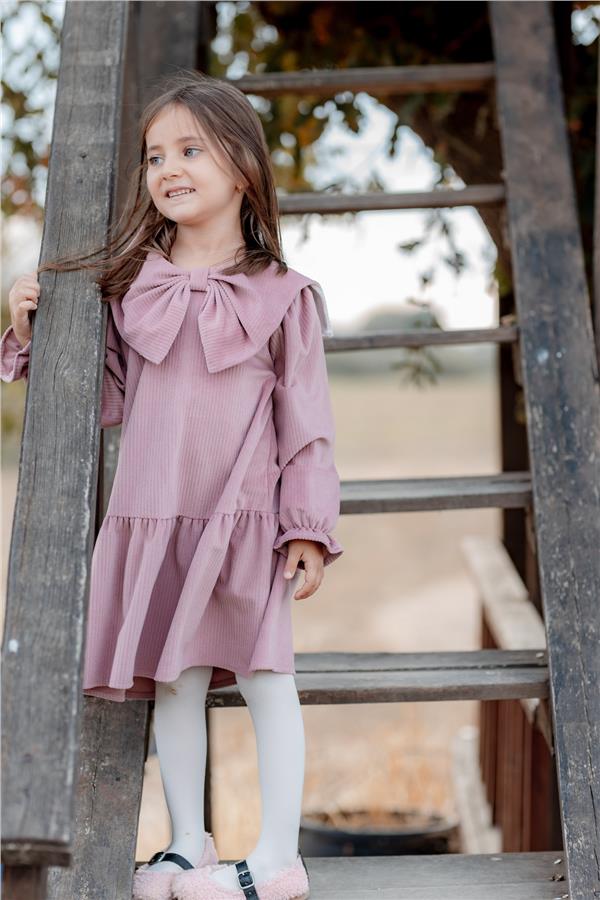 Önü Büyük Fiyonklu Kız Çocuk Elbise Gül Kurusu