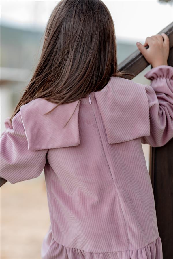 Önü Büyük Fiyonklu Kız Çocuk Elbise Gül Kurusu