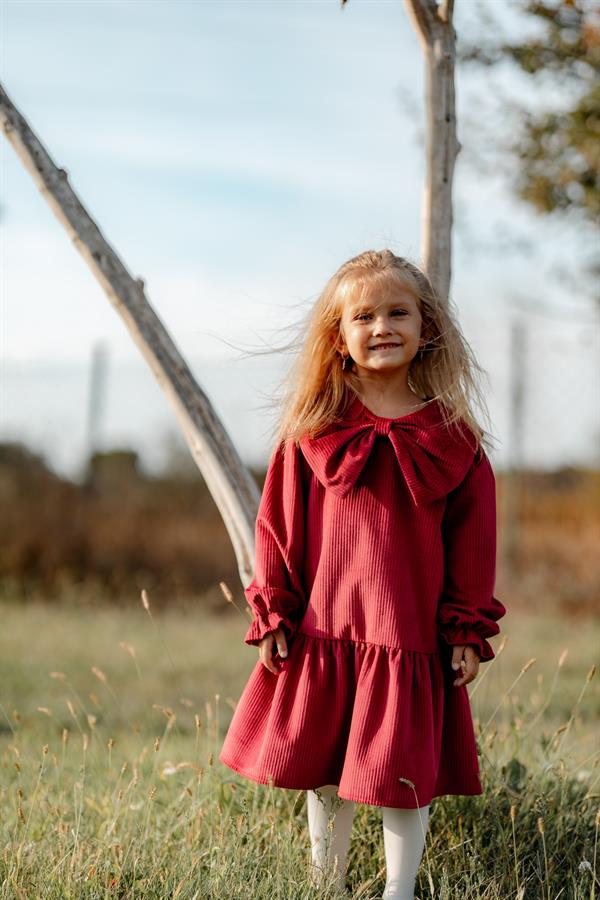 Önü Büyük Fiyonklu Kız Çocuk Elbise Kırmızı