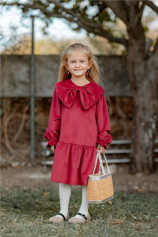 Önü Büyük Fiyonklu Kız Çocuk Elbise Kırmızı