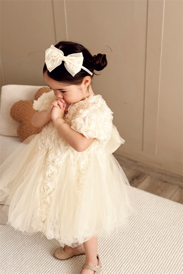 Özel Seri Gül Aplikeli Prenses Elbise Krem