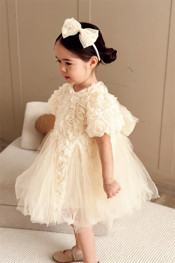 Özel Seri Gül Aplikeli Prenses Elbise Krem