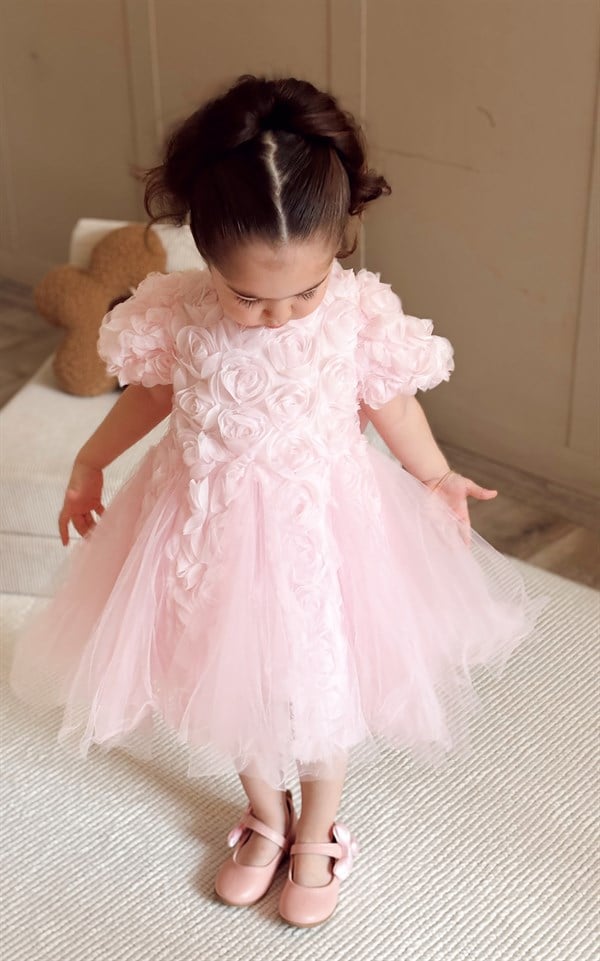 Özel Seri Gül Aplikeli Prenses Elbise Pembe