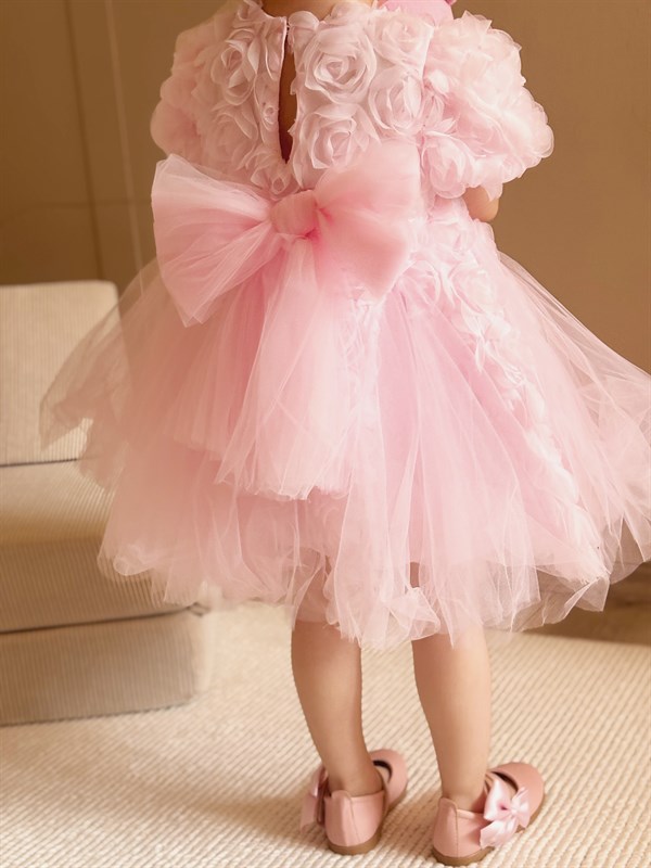 Özel Seri Gül Aplikeli Prenses Elbise Pembe