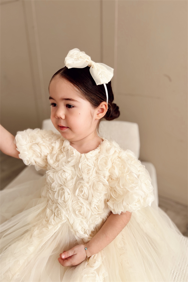 Özel Seri Gül Aplikeli Prenses Elbise Krem