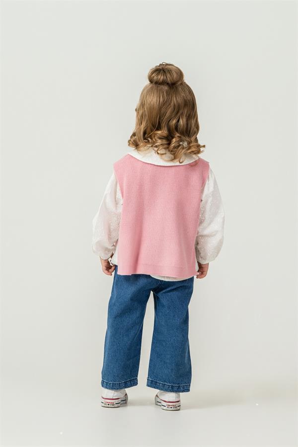 Papatya İşlemeli Gömlek Kot Pantolon Yelek Kız Bebek Takım Pembe