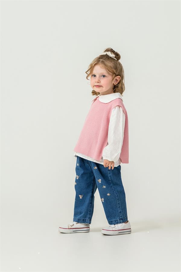 Papatya İşlemeli Gömlek Kot Pantolon Yelek Kız Bebek Takım Pembe