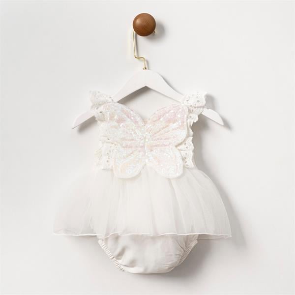 Payet Kanatlı Kız Bebek Romper Beyaz