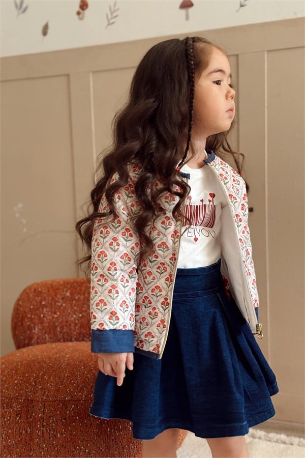 Pileli Denim Kız Çocuk Etek Lacivert