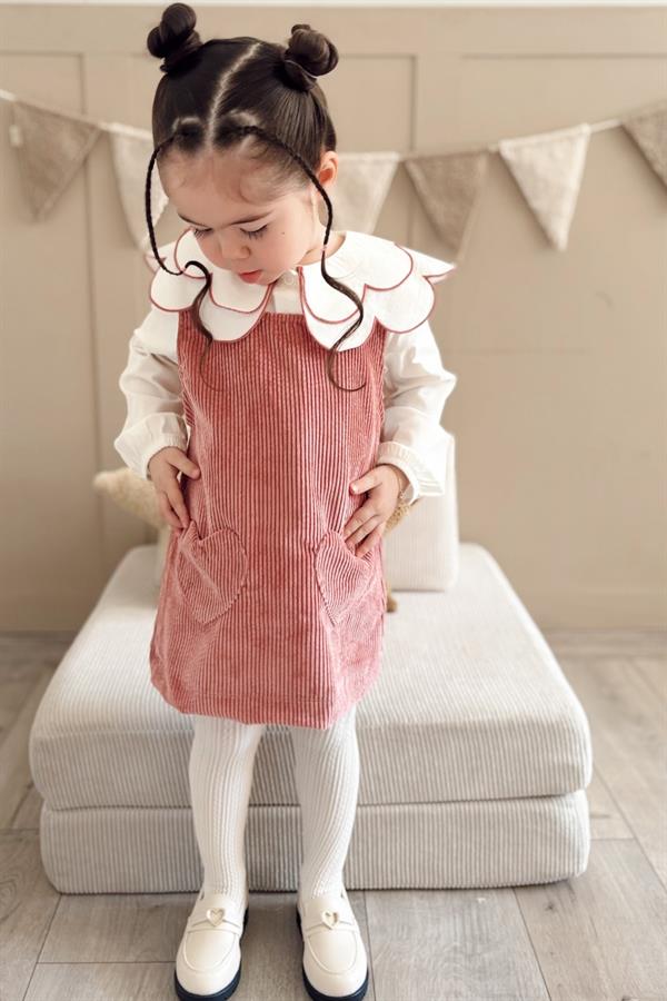 Retro Kalp Cepli Kadife Elbise Ve Gömlek Takım Pembe