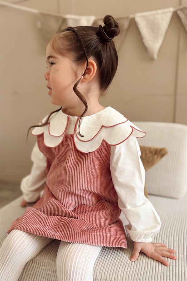 Retro Kalp Cepli Kadife Elbise Ve Gömlek Takım Pembe