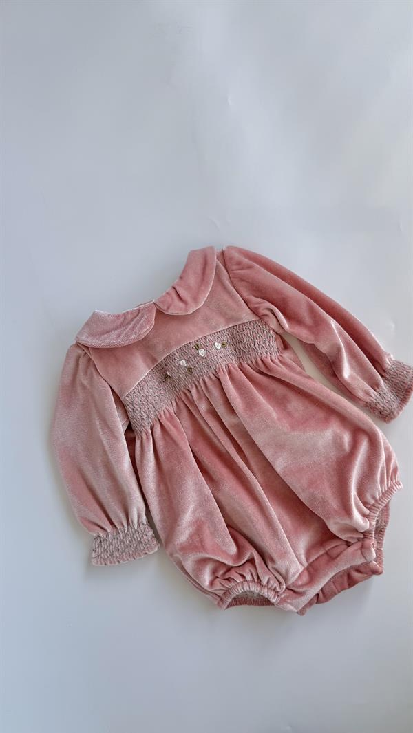 Rokoko Nakışlı Kadife Kız Bebek Tulum Pembe