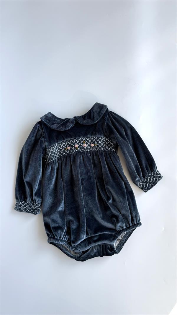 Rokoko Nakışlı Kadife Kız Bebek Tulum Petrol Mavisi