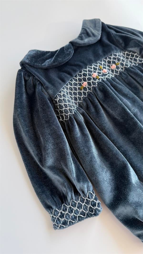 Rokoko Nakışlı Kadife Kız Bebek Tulum Petrol Mavisi