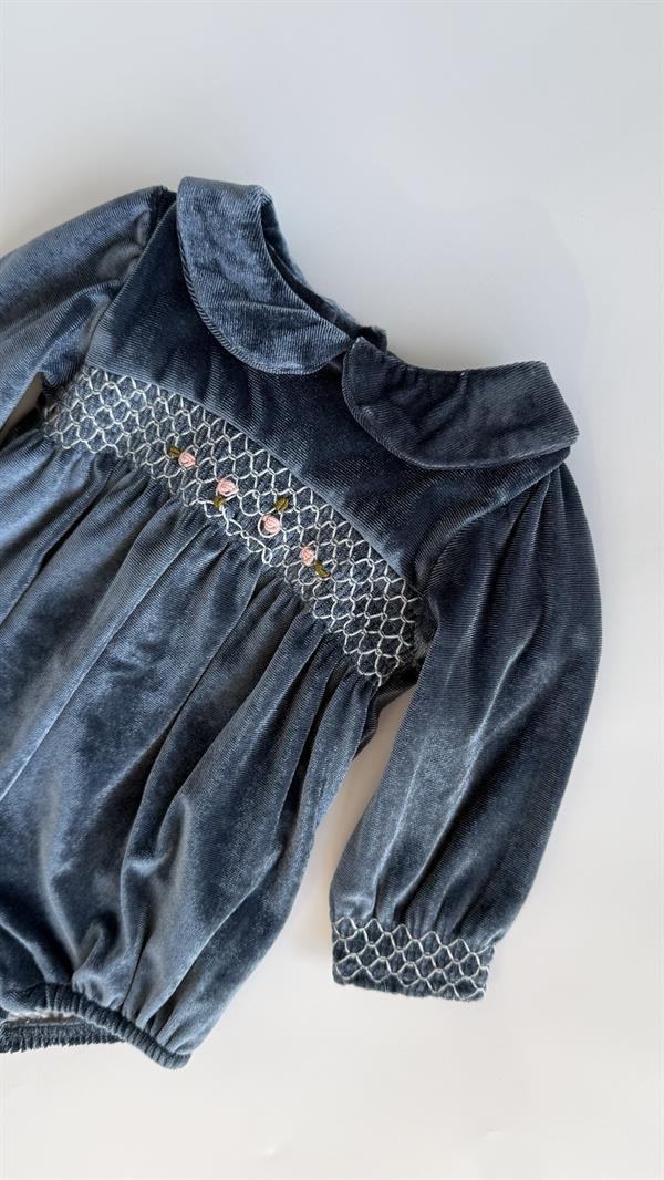 Rokoko Nakışlı Kadife Kız Bebek Tulum Petrol Mavisi