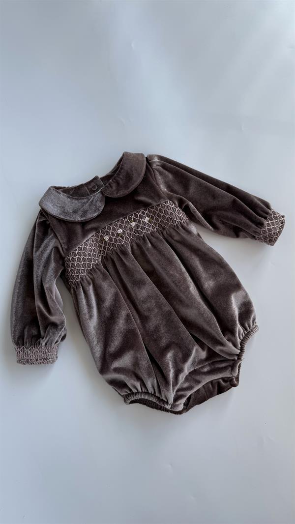 Rokoko Nakışlı Kadife Kız Bebek Tulum Vizon