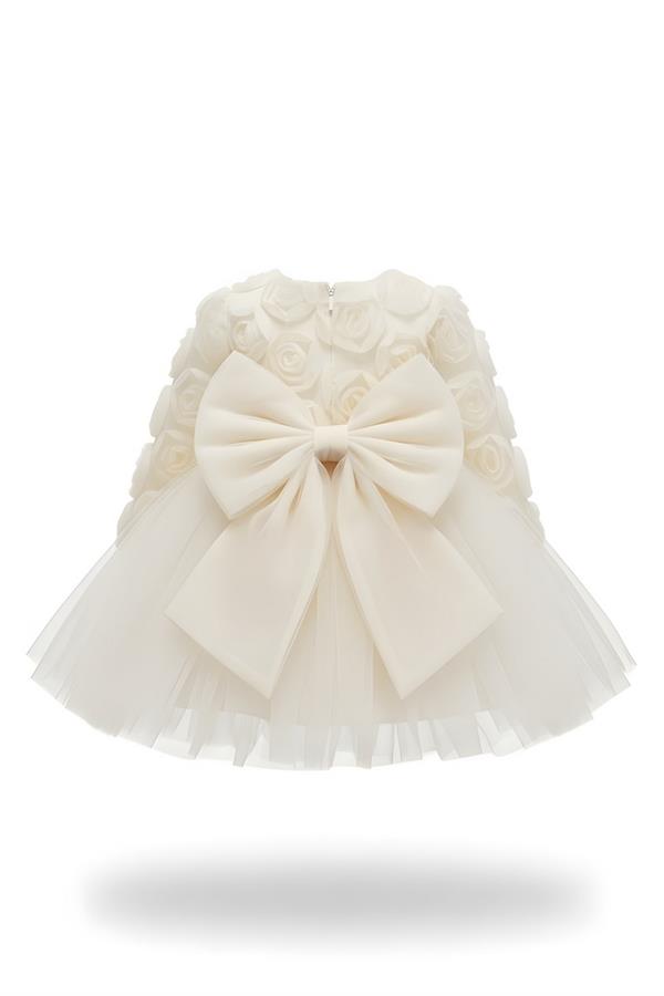 Rosa Ekru Güllü Kız Çocuk Uzun Kollu Elbise