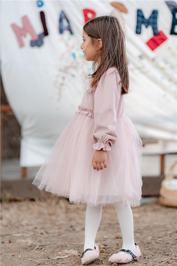 Rosa Kadife Kabarık Tüllü Kız Çocuk Elbise Pembe