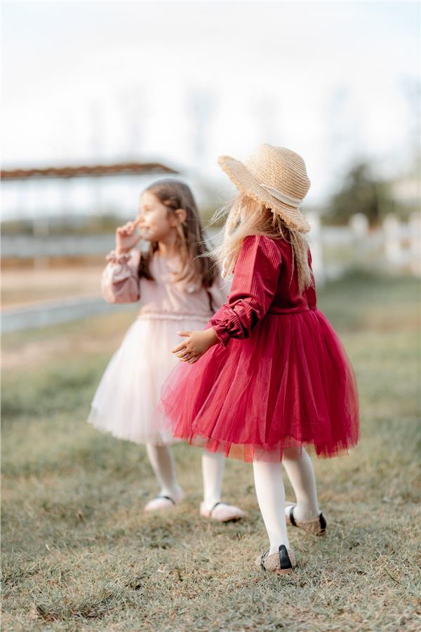 Rosa Kadife Kabarık Tüllü Kız Çocuk Elbise Kırmızı