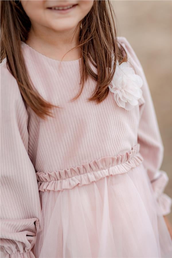 Rosa Kadife Kabarık Tüllü Kız Çocuk Elbise Pembe