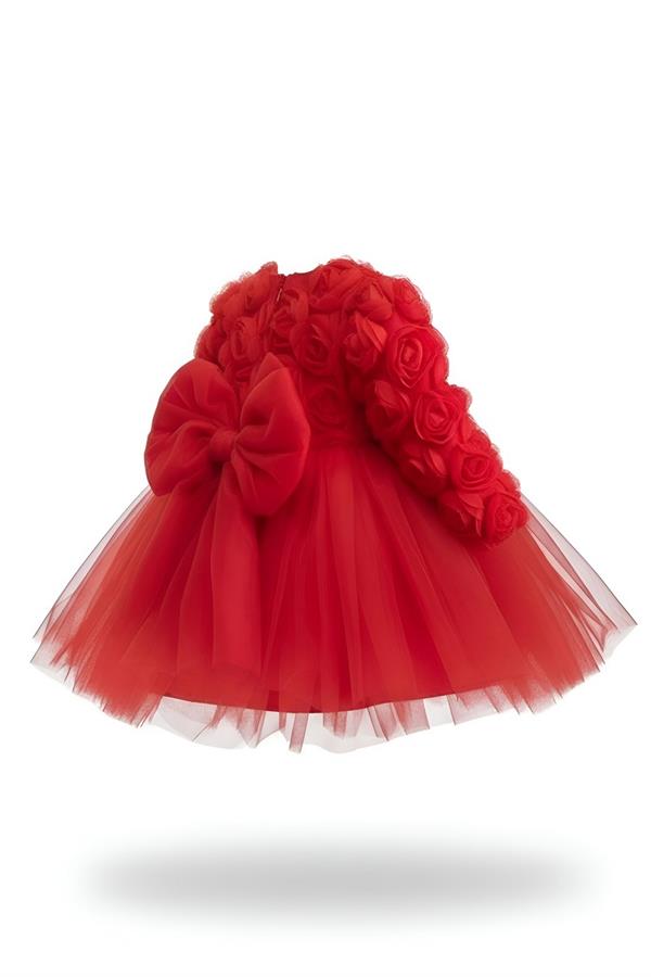 Rosa Kırmızı Güllü Kız Çocuk Uzun Kollu Elbise