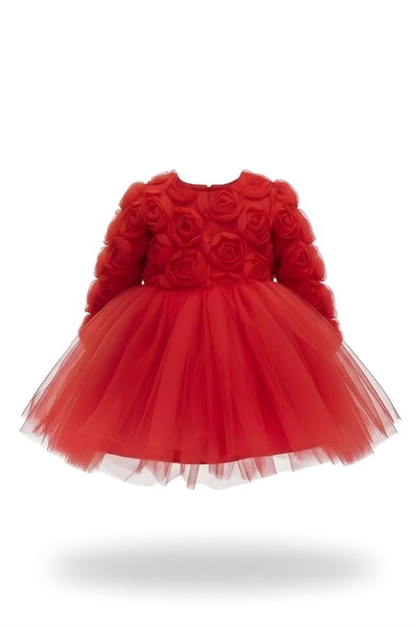 Rosa Kırmızı Güllü Kız Çocuk Uzun Kollu Elbise