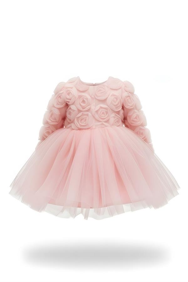Rosa Pembe Güllü Kız Çocuk Uzun Kollu Elbise