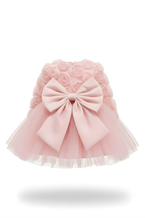 Rosa Pembe Güllü Kız Çocuk Uzun Kollu Elbise